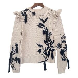 Zimmermann Ladybeetle Sweater Size Small Embroidered Merino Wool Knit Tassels